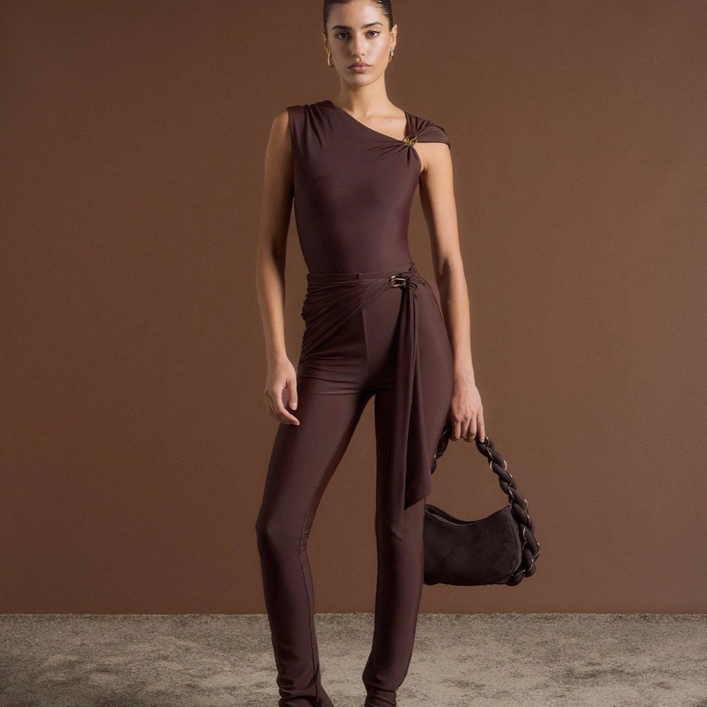 Maniere De Voir Draped Hardware Detail Leggings- Brown
